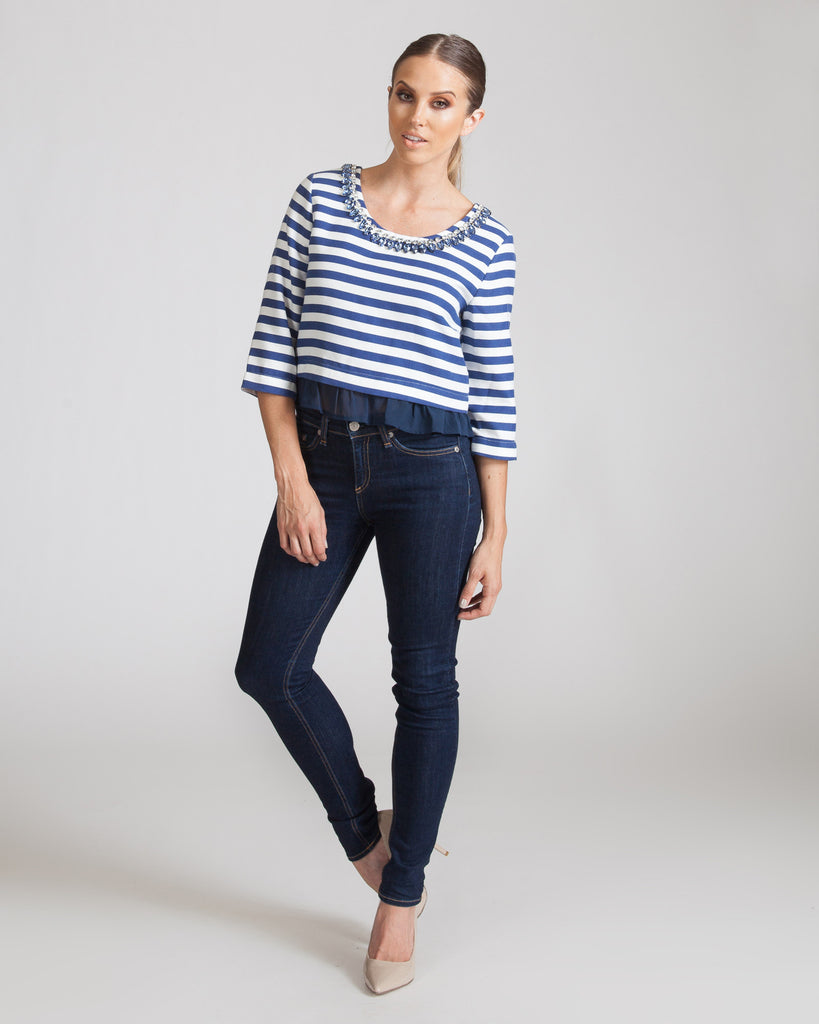 JOA BLUE STRIPED EMBELLISHED TOP