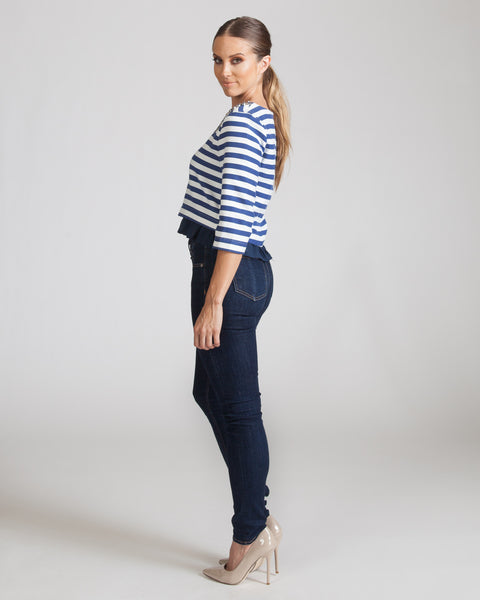 JOA BLUE STRIPED EMBELLISHED TOP